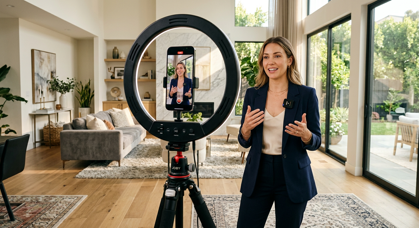 Realtor recording social media content in a bright living room