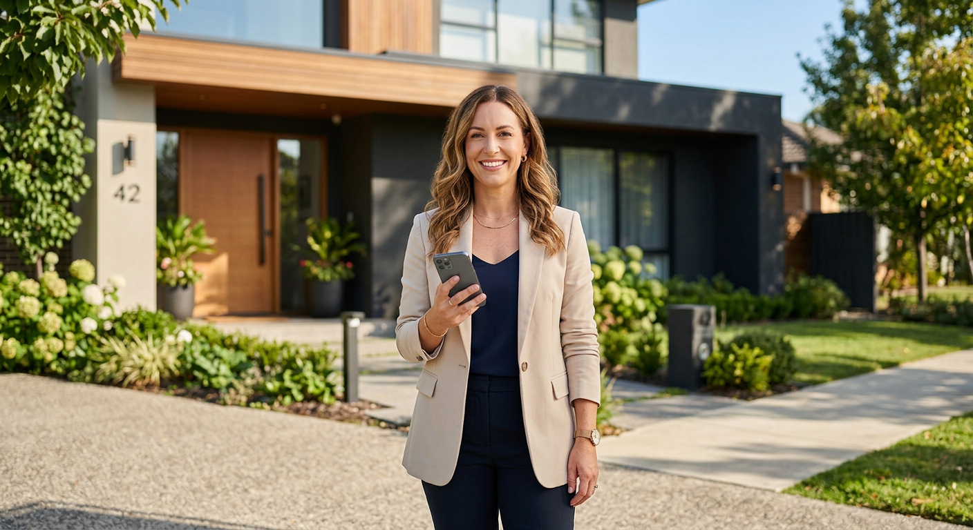Real estate agent reviewing new leads on her phone outside a modern home